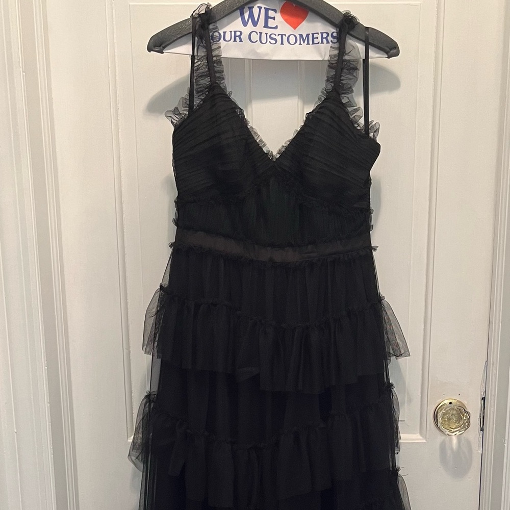 Black Betsy and Adam full length dress with tulle layers on skirt. Size 6.
